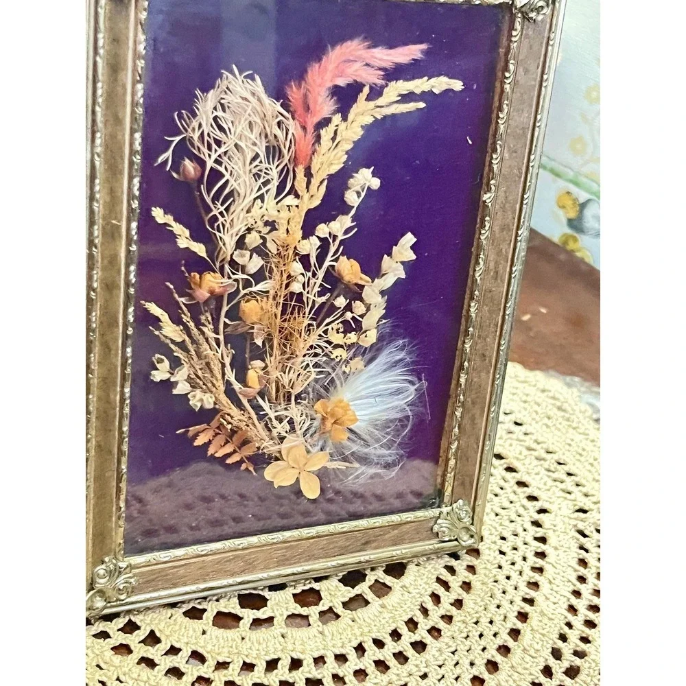 Vintage MCM Botanical Pressed Dried Flower Shadow Box Art Framed
